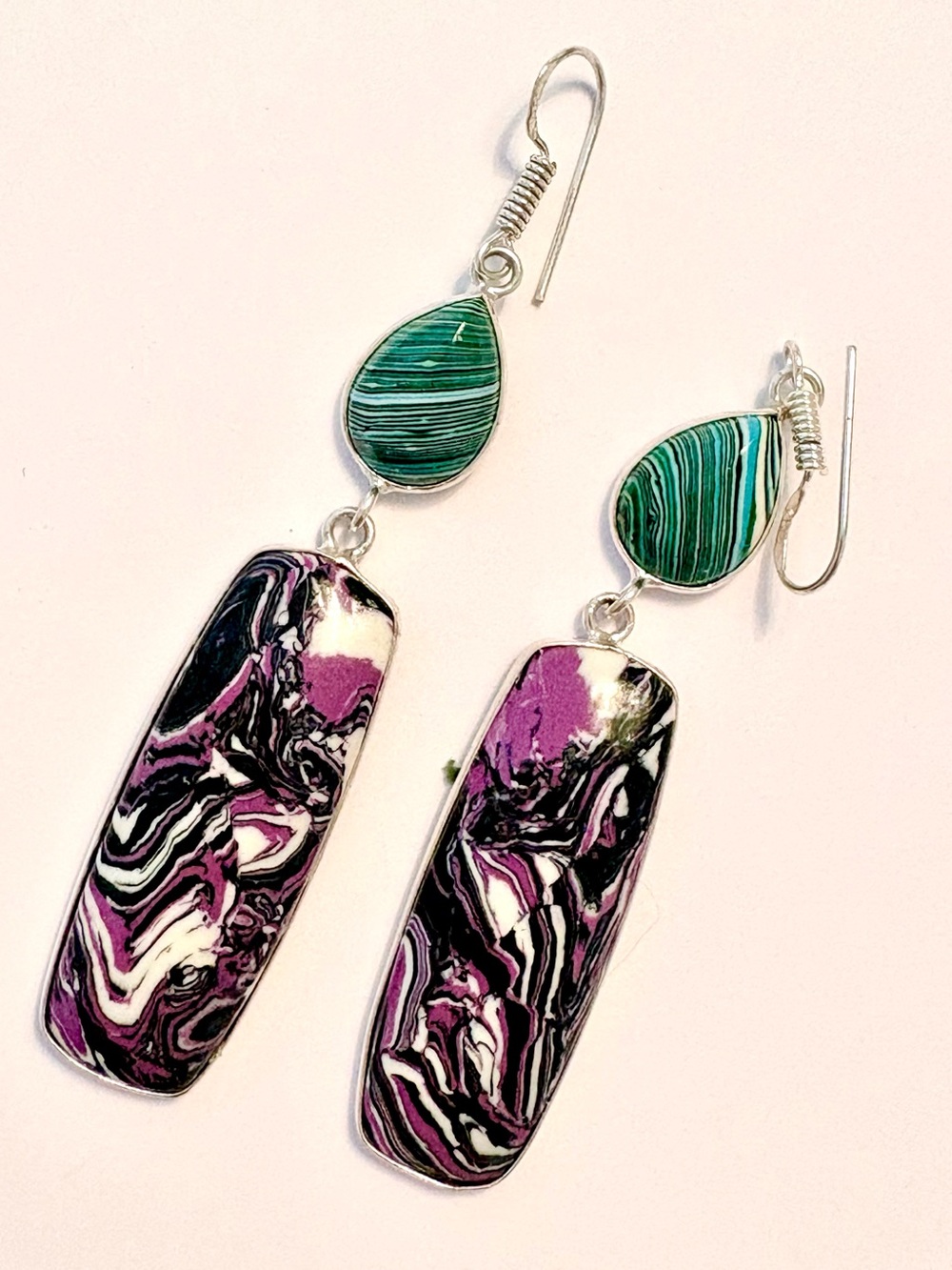 Beautiful, 3 inch, dangling Charoite and Malachite earrings.